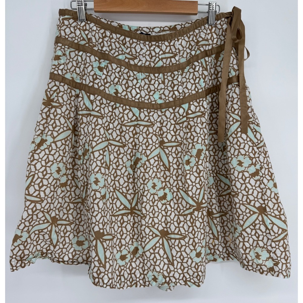 Gap Womens A-Line Skirt Brown Aqua Floral Honeycomb Ribbon Knee-Length Sz 12